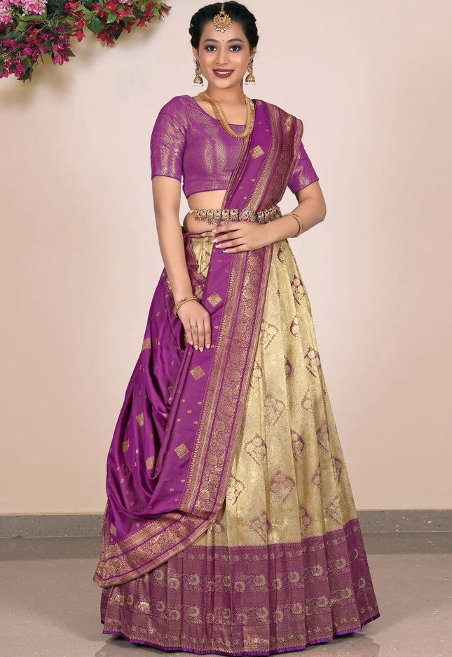 Chiku Purple Banarasi Silk Lehenga Design