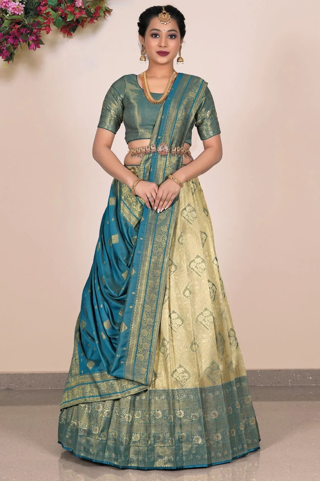 Chiku Self Jacquard Banarasi Silk Half Saree With Dupatta