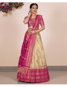 Woman wearing a Chiku and Pink Lehenga Choli