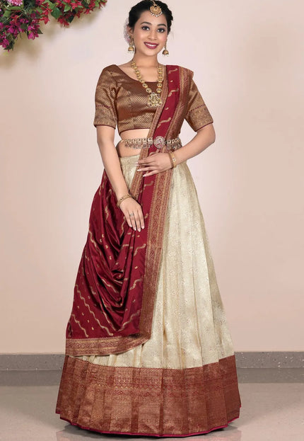 Chiku Self Jacquard Lehenga With Zari Woven