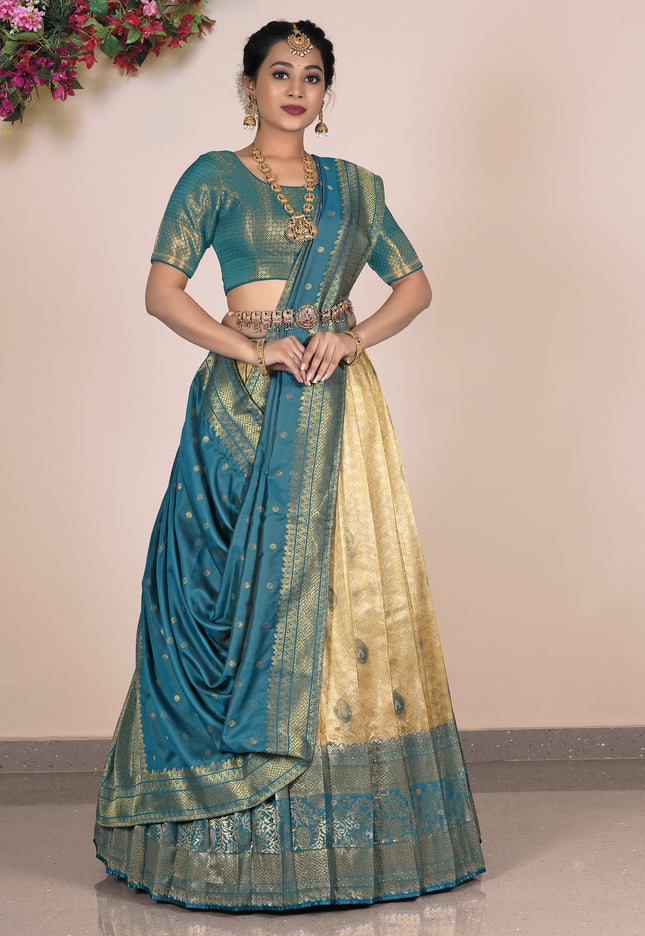 Woman wearing a traditional chiku and peacock lehenga choli