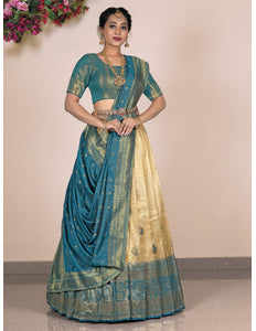 Woman wearing a traditional chiku and peacock lehenga choli
