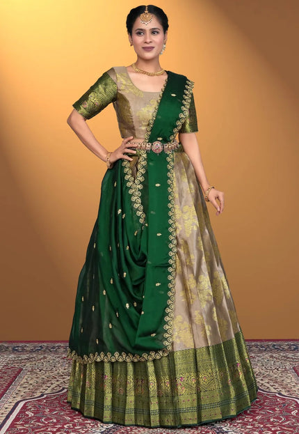 Chiku Semi-Stitched Lehenga Choli In Banarasi Silk