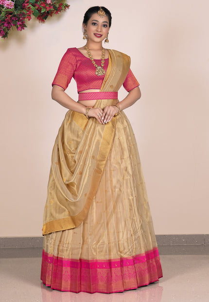 Woman wearing a traditional Lehenga with a pink blouse