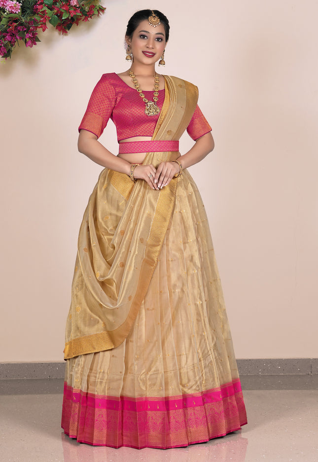 Woman wearing a traditional Lehenga with a pink blouse