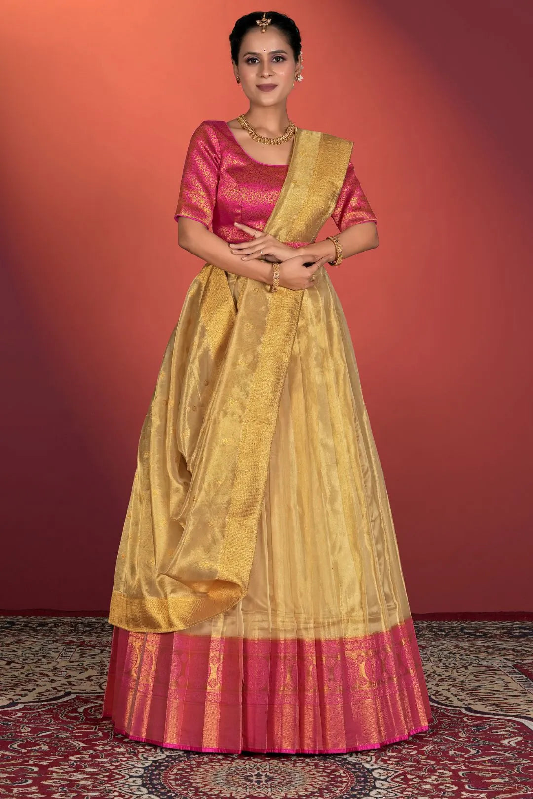 Chiku Tissue Silk Pattu Half Saree With Zari Woven