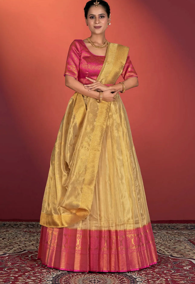 Chiku Tissue Silk Pattu Half Saree With Zari Woven