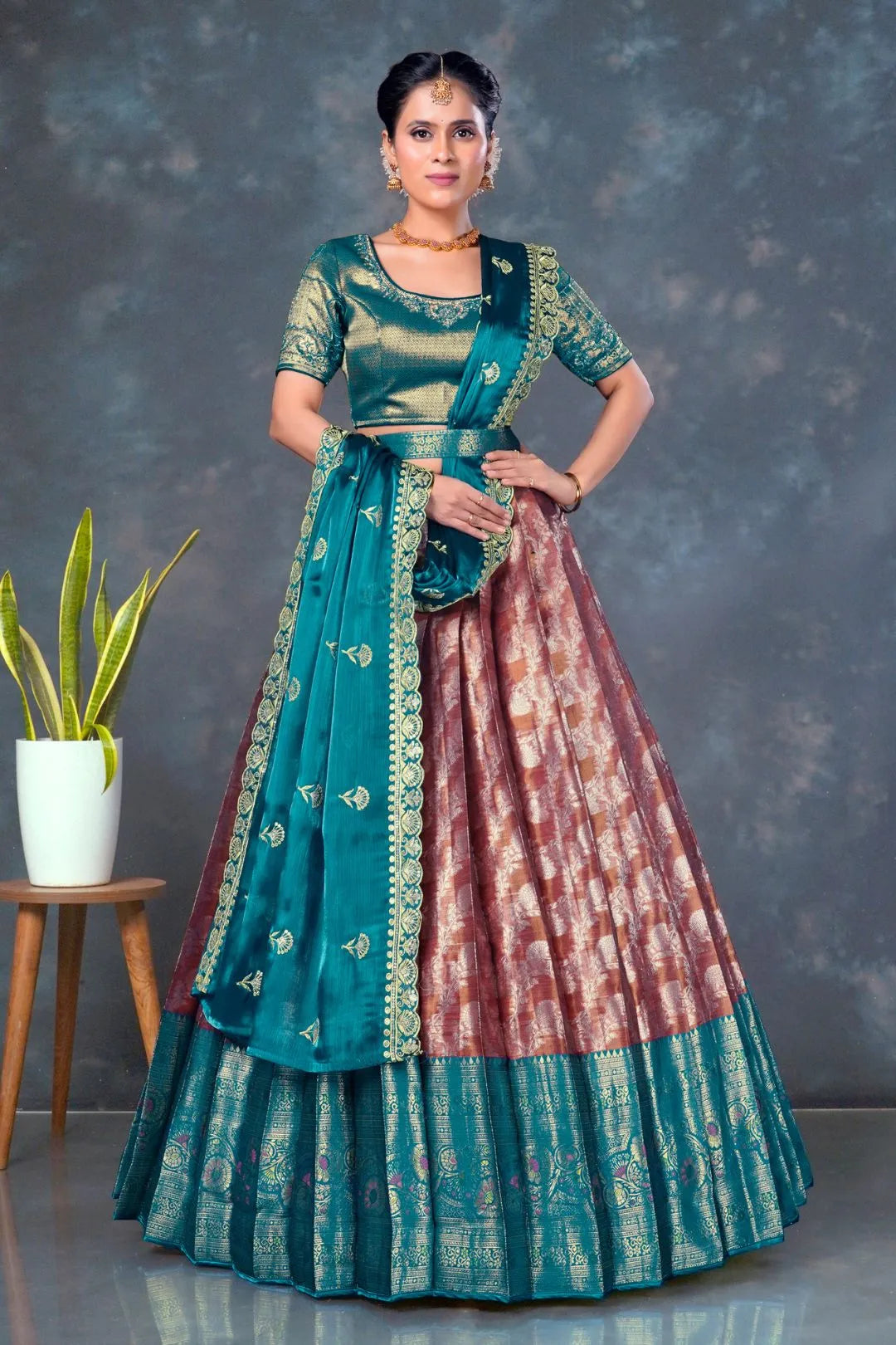 Copper Color Banarasi Lehenga With Peacock Dupatta