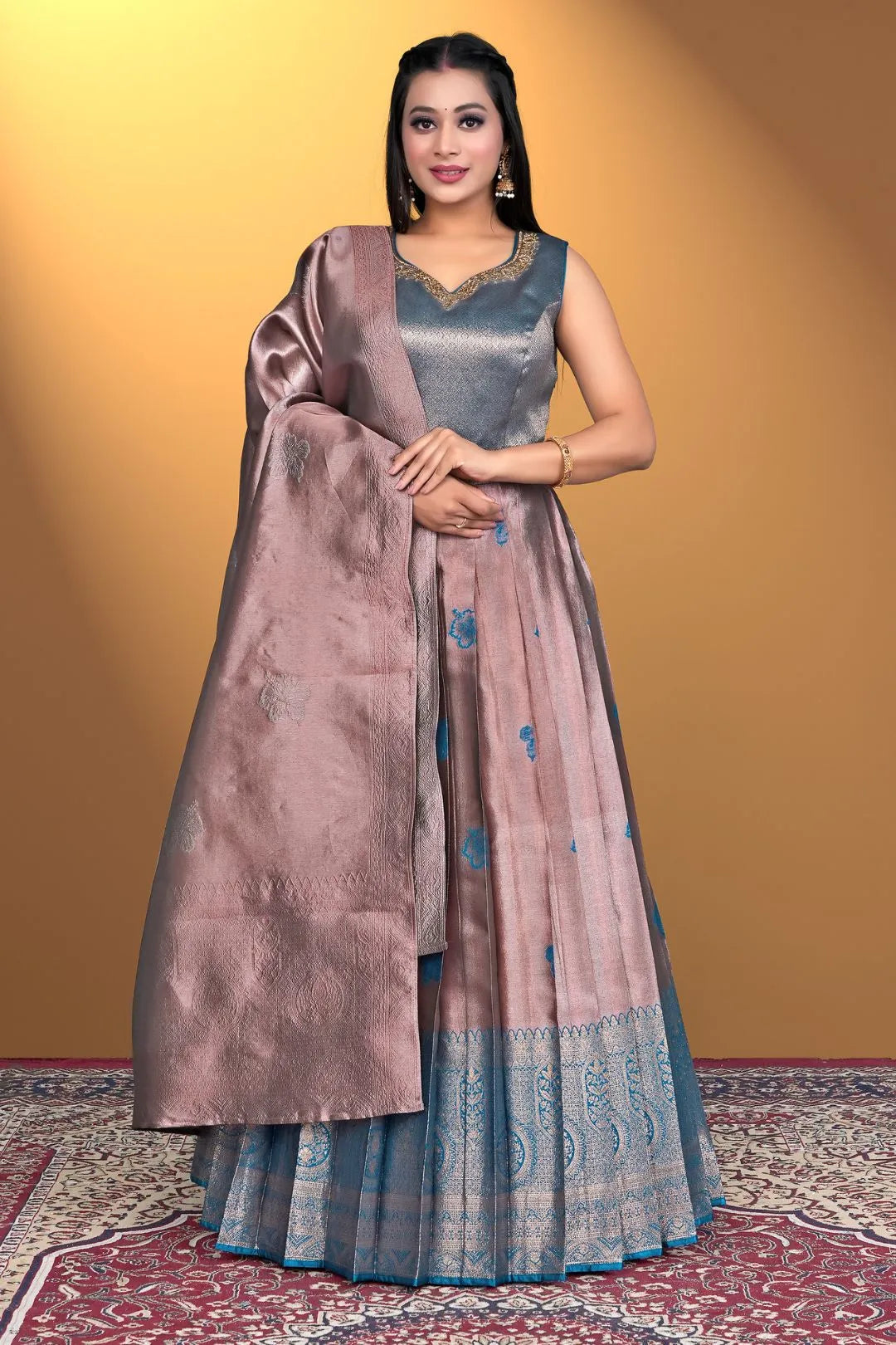 Copper Designer Zari Silk Gown With Dupatta