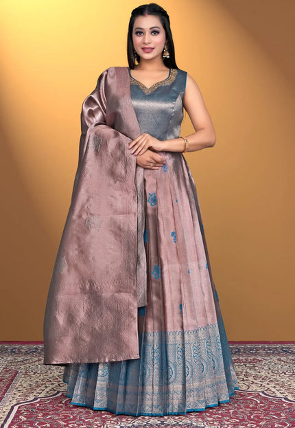Copper Designer Zari Silk Gown With Dupatta