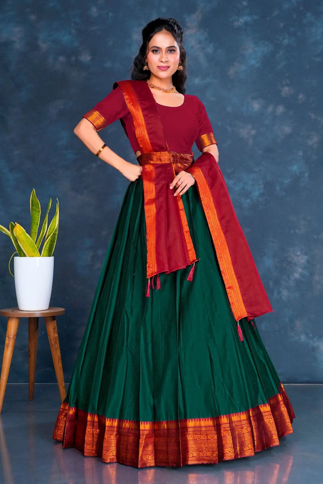 Green Cotton Silk Lehenga Choli with Zari Work