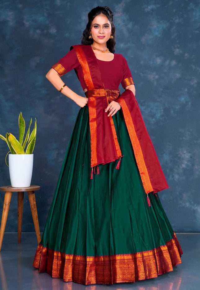 Green Cotton Silk Lehenga Choli with Zari Work