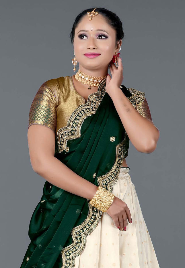 Cream Banarasi Semi-Stitched Lehenga For Women