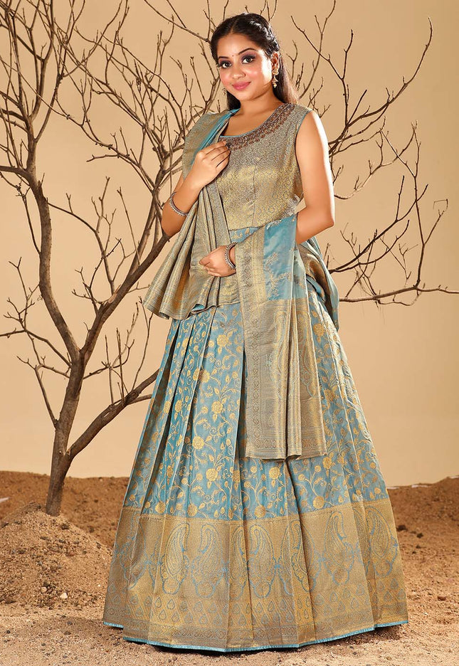 Sky Blue Long Dress Banarasi Silk Zari Weaving