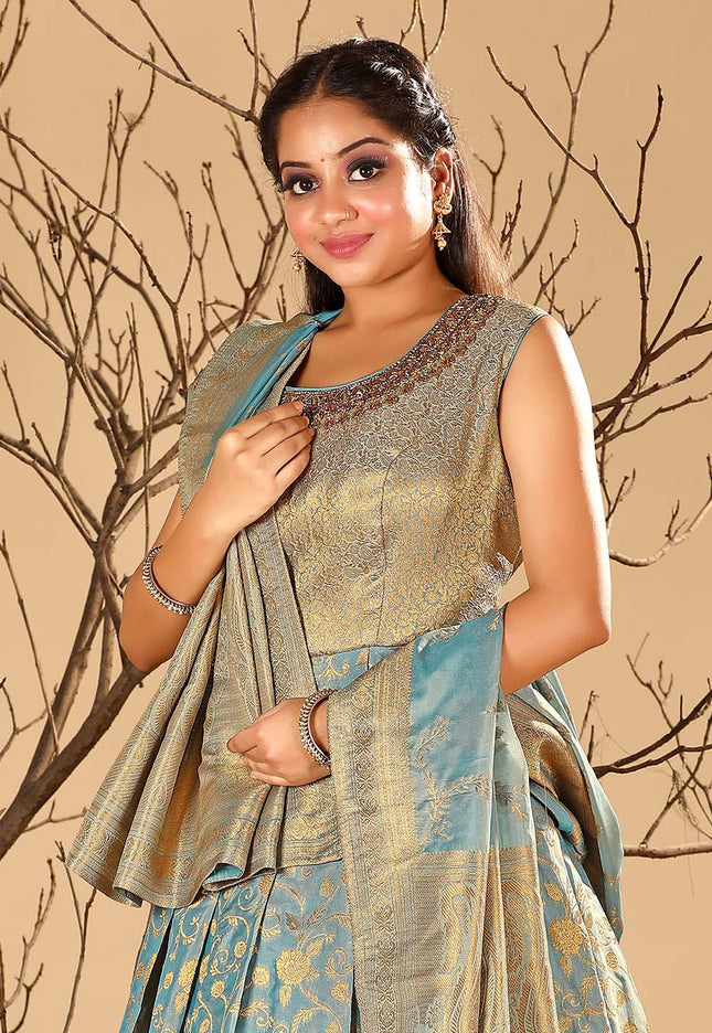 Sky Blue Long Dress Banarasi Silk Zari Weaving