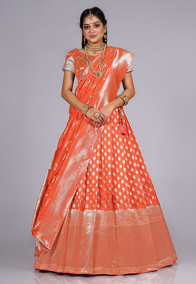 Orange Banarasi Silk Zari Work Lehenga For Women