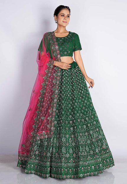 Bottle Green Traditional Net Lehenga Choli With Dupatta
