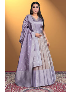 Peach Designer Banarasi Gown With Dupatta