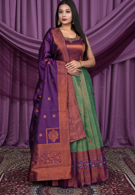 Woman wearing a traditional saree with a purple and green pattern