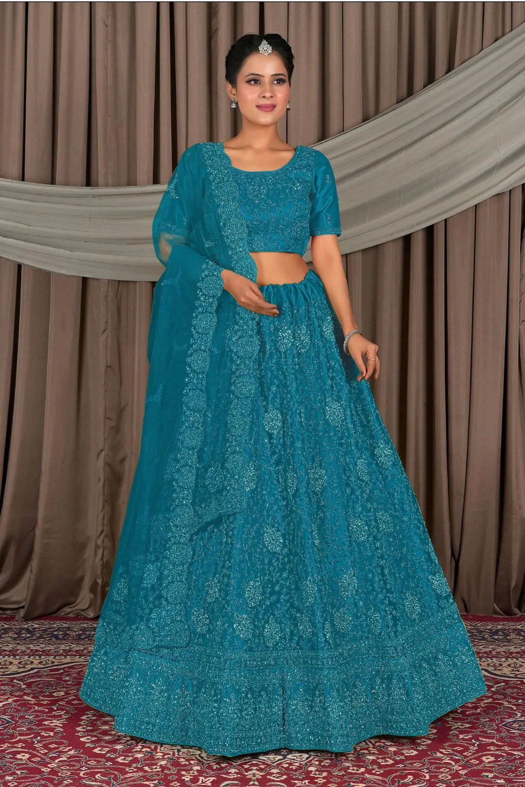 Firozi Embroidered Bridesmaid Lehenga Choli In Net
