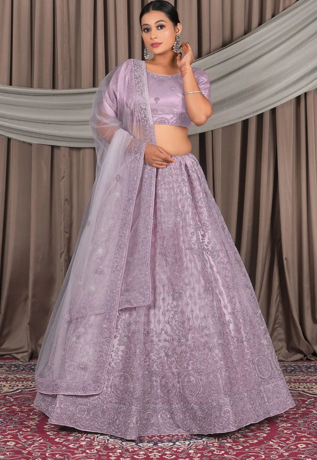 Lavender Embroidery Work Net Lehenga Choli