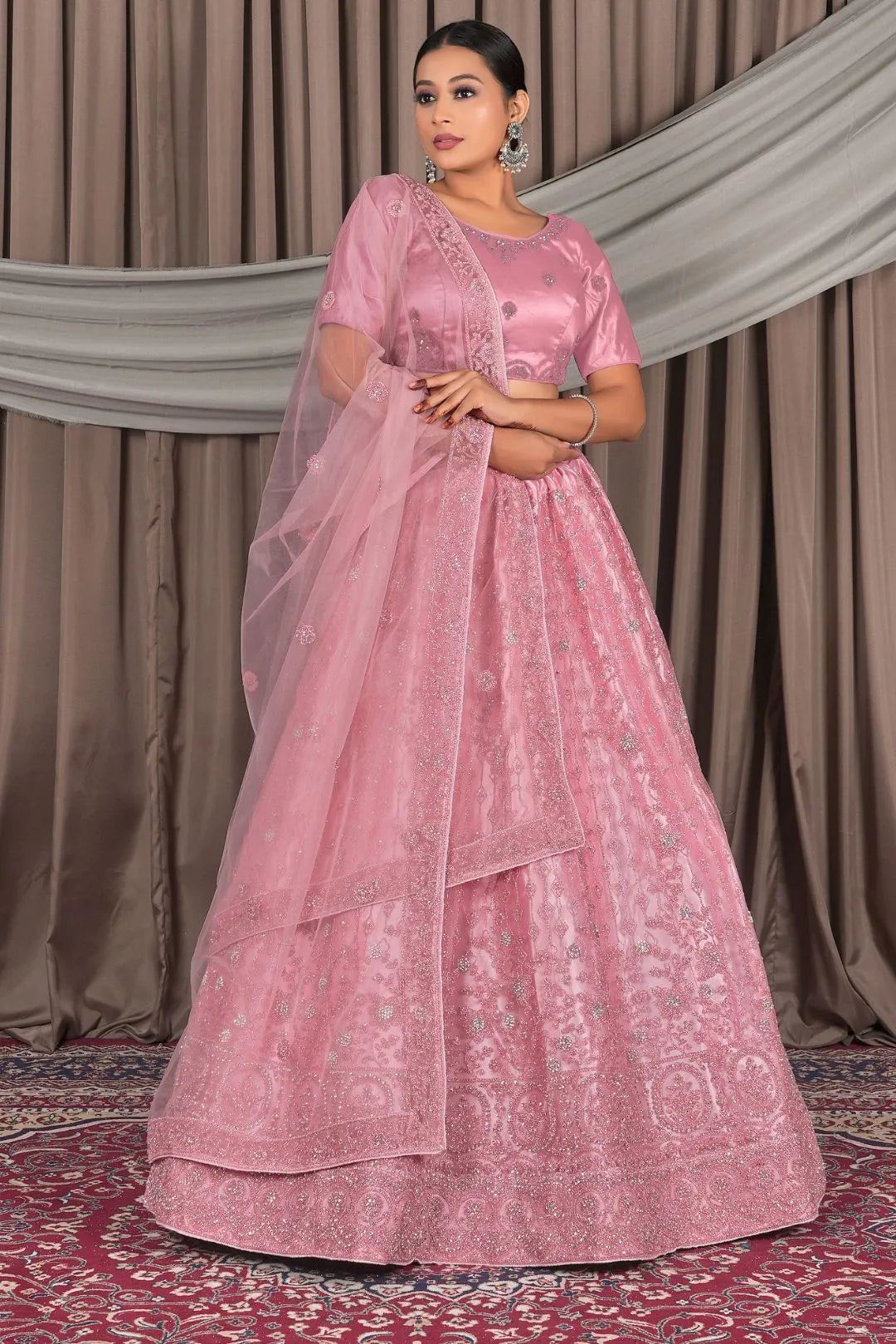 Pink Embroidery Work Net Lehenga Choli