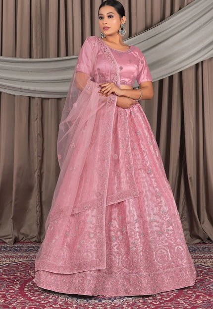 Pink Embroidery Work Net Lehenga Choli