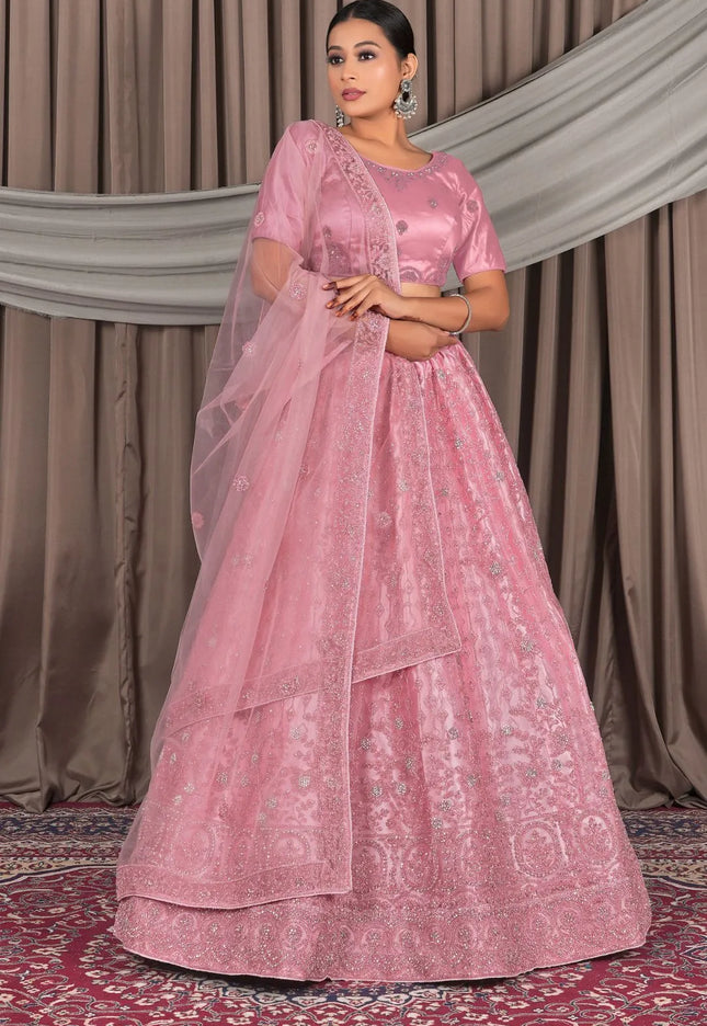 Pink Embroidery Work Net Lehenga Choli