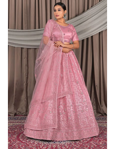 Pink Embroidery Work Net Lehenga Choli