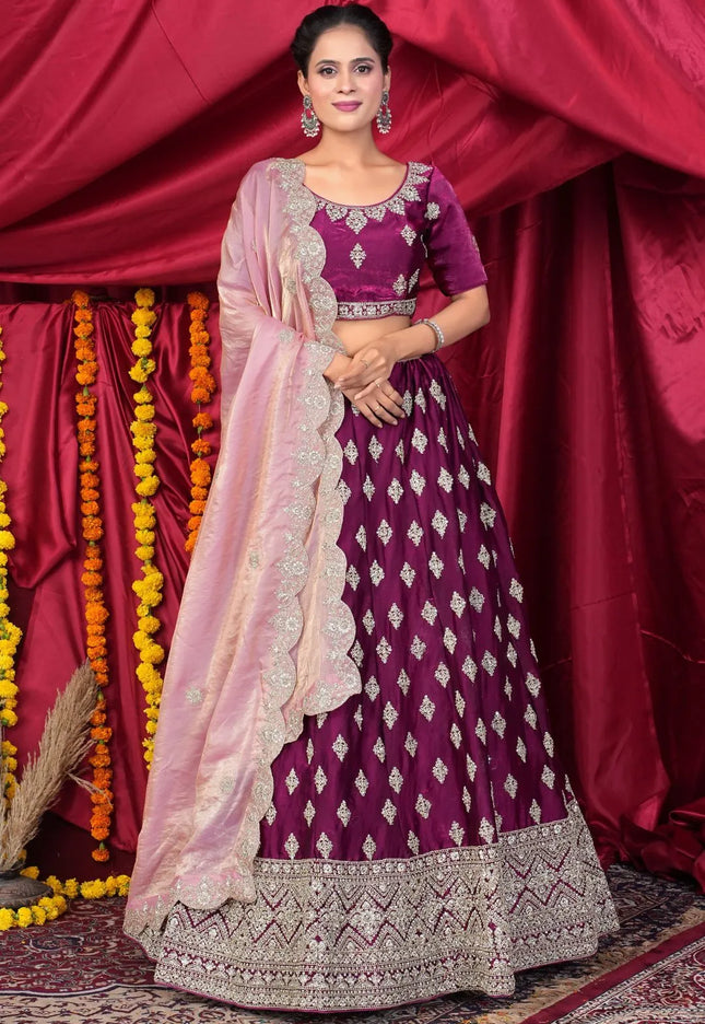 Purple Fendy Silk Pattu Lehenga Choli With Embroidery Work