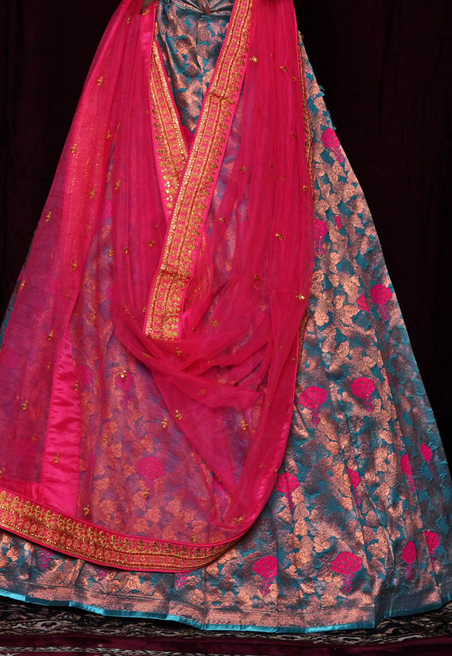 Firozi Banarasi Silk Half Saree