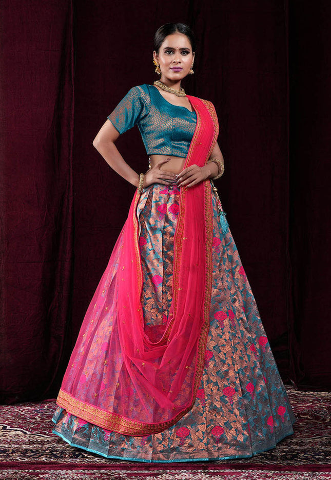 Firozi Banarasi Silk Half Saree