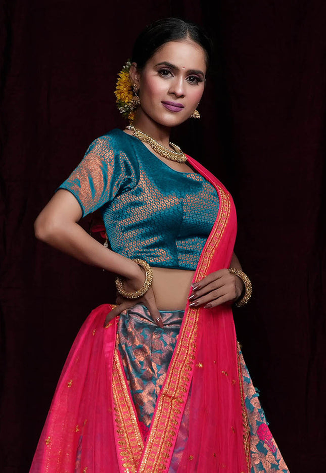 Firozi Banarasi Silk Half Saree