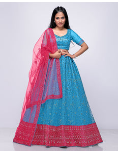 Firozi Party Wear Net Lehenga