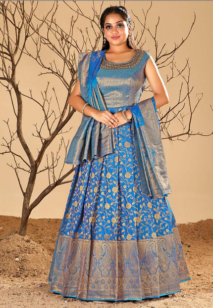 Firozi Long Dress Banarasi Silk Zari Weaving