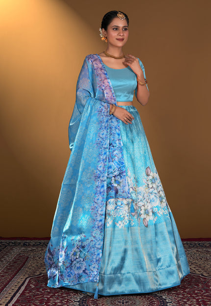 Woman wearing a blue floral lehenga choli