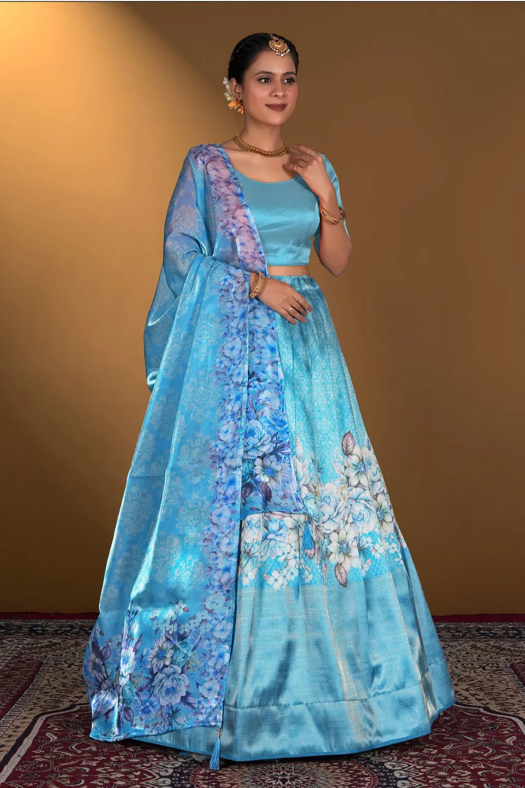 Firozi Digital Printed Satin Lehenga With Chinnon Dupatta