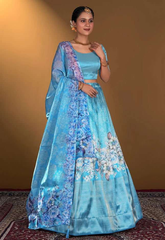 Firozi Digital Printed Satin Lehenga With Chinnon Dupatta