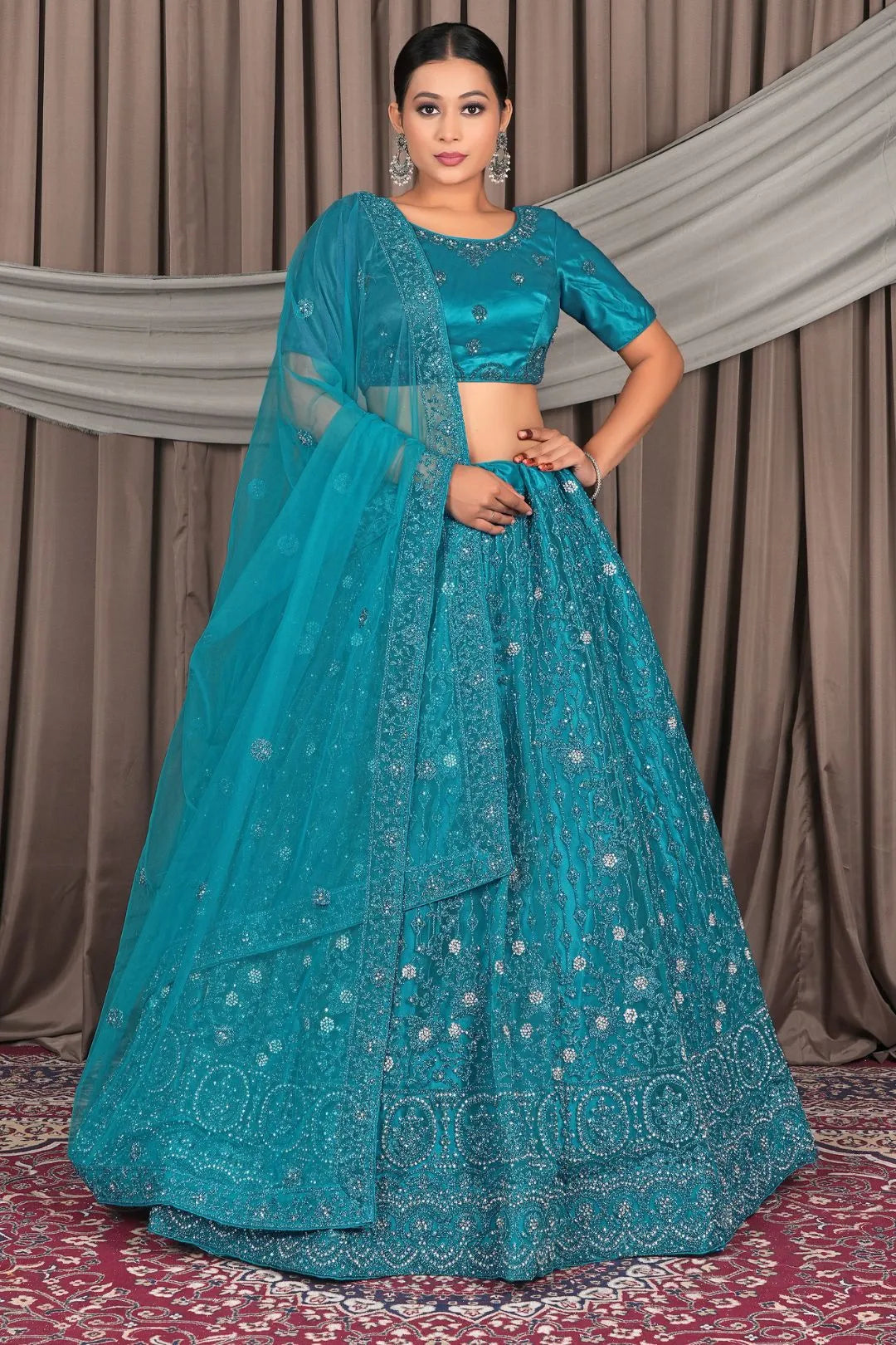 Firozi Embroidery Work Net Lehenga Choli