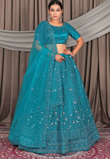 Firozi Embroidery Work Net Lehenga Choli