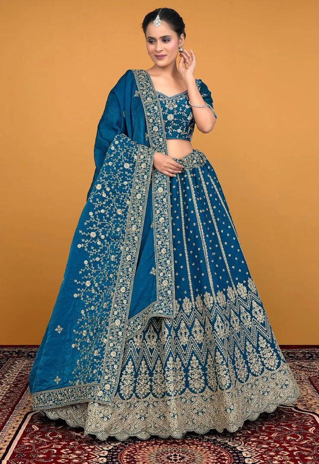 Firozi Fendy Fabric Lehenga Choli With Embroidery Work