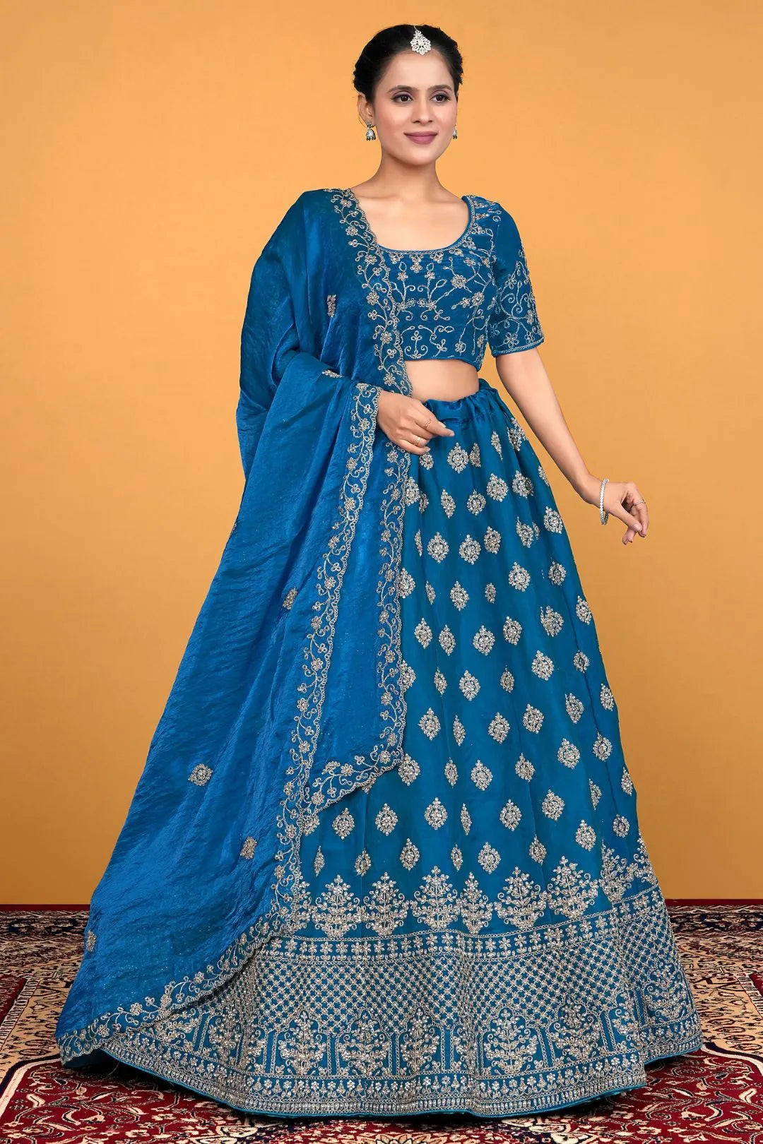 Firozi Fendy Silk Embroidered Semi-Stitched Lehenga Choli