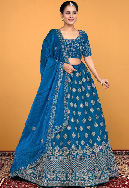 Firozi Fendy Silk Embroidered Semi-Stitched Lehenga Choli