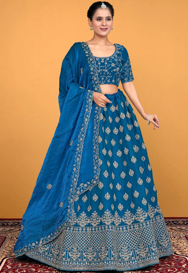Firozi Fendy Silk Embroidered Semi-Stitched Lehenga Choli