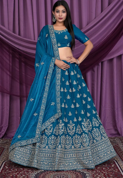 Firozi Fendy Silk Pattu Lehenga With Embroidery Work