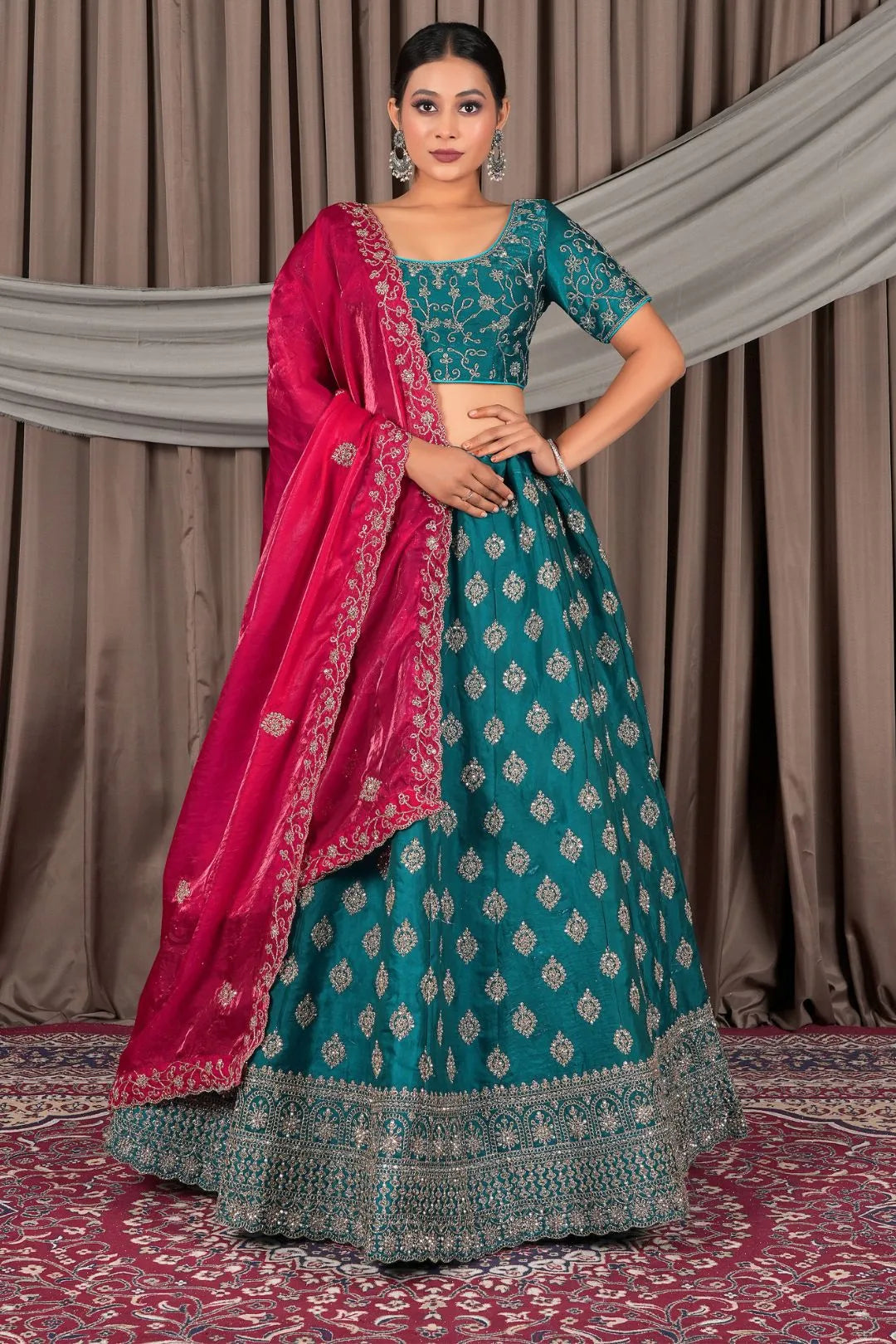 Firozi Fendy Silk Semi-Stitched Lehenga For Women