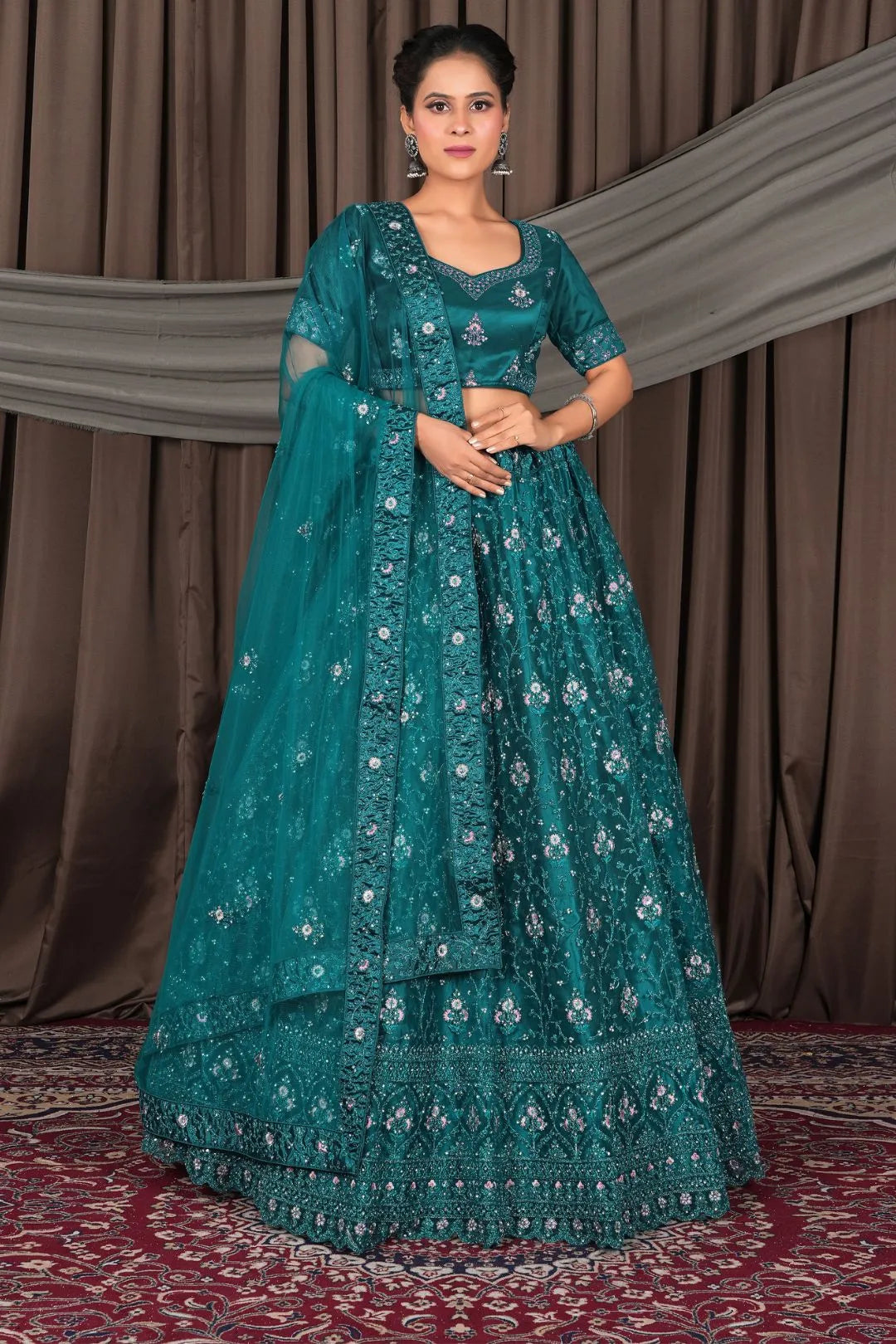 Firozi Net Lehenga Choli With Embroidery Work