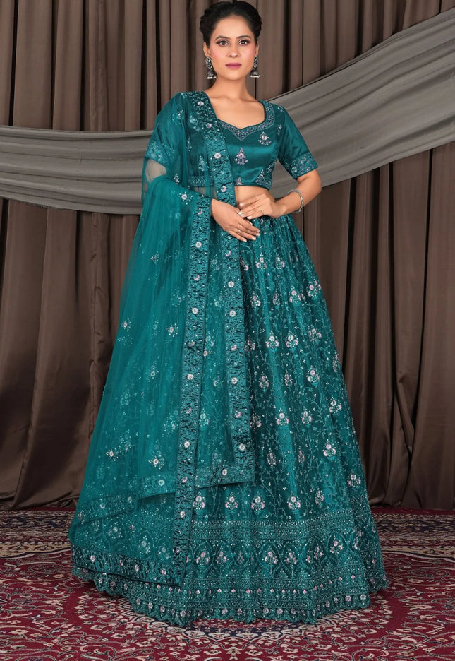 Firozi Net Lehenga Choli With Embroidery Work