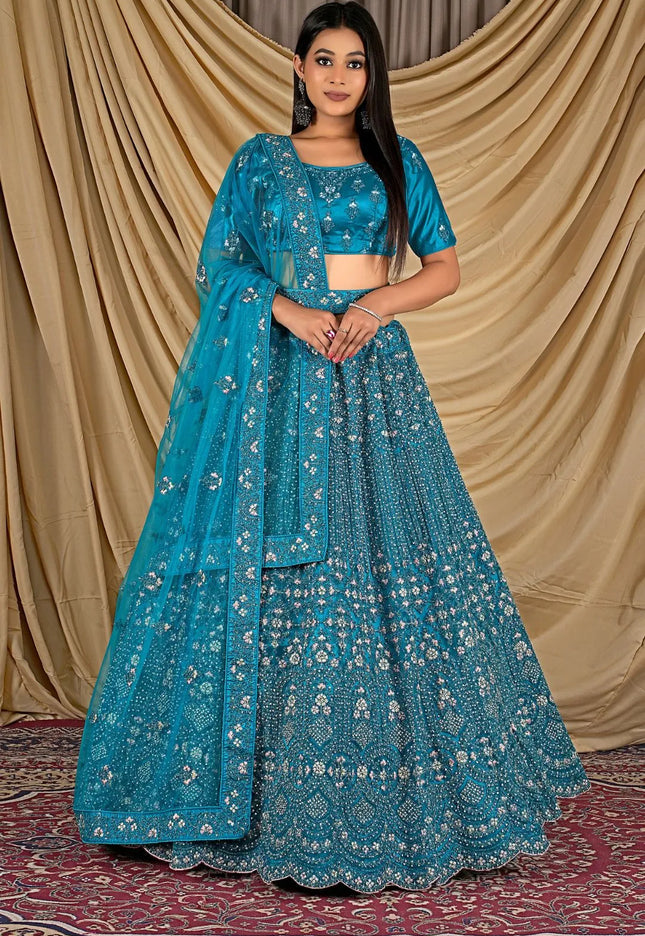 Firozi Party Wear Embroidered Net Lehenga Choli For Women