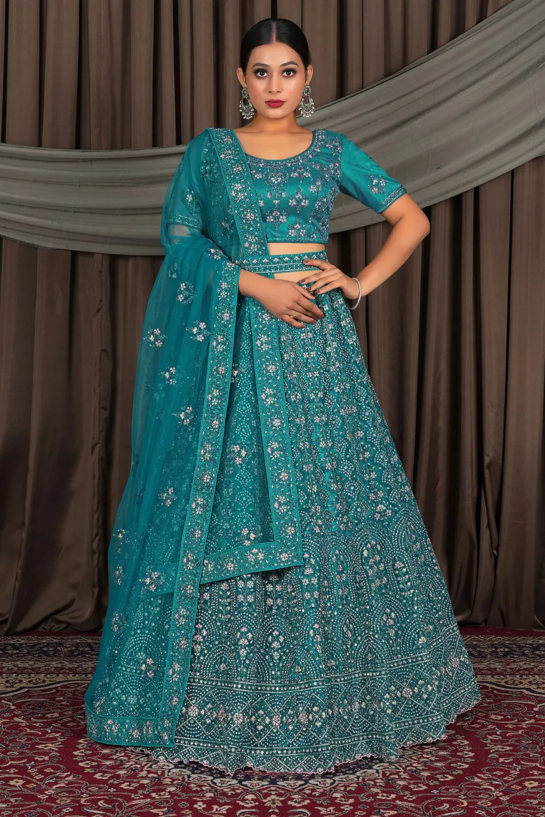 Firozi Party Wear Net Lehenga Choli For Weddings